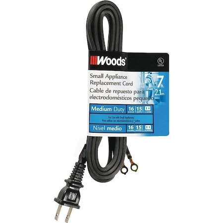 0 Replacement Extension Cord, 7 Ft L, 15 A, 125 V, Black